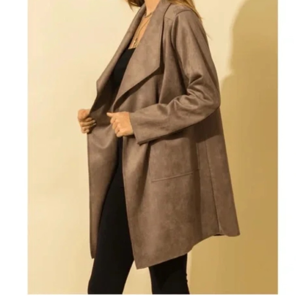 NWT HYFVE Faux Suede Lapel Collar Open Trench Coat